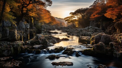 A series of cascading waterfalls, the water flowing gracefully over terraced rocks, surrounded by vi