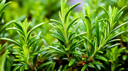 A close up detail captures the vibrant greenery of fresh rosemary herb, flourishing in a well tended garden, offering both culinary delight and aromatic charm.