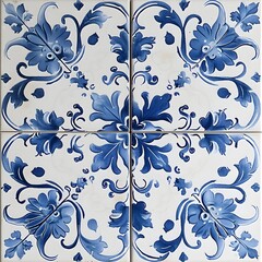 Traditional Blue and White Azulejo Style Tile Design, Hand Edited Generative AI