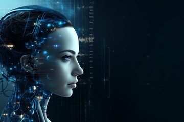 Profile view of a female android with intricate cybernetic details against a dark background.