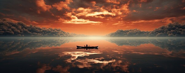 Small wooden boat on the surface in the middle of the beautiful lake during sunset in amazing  landscape mirroring in the water.