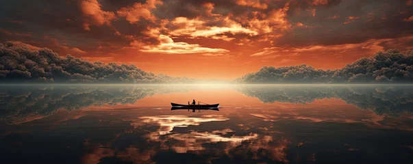 Photo sur Plexiglas Marron profond Small wooden boat on the surface in the middle of the beautiful lake during sunset in amazing  landscape mirroring in the water.