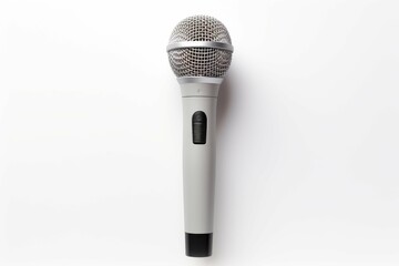 A professional microphone against a clean white background, ready for recording.