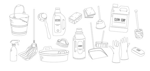 Set Of Cleaning Service Equipment, Supplies For Washing Vector Outline Icons. Isolated Gloves, Bucket, Detergent, Basin