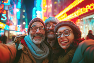 A group of mature people takes selfie against the backdrop of a city street illuminated with neon lights