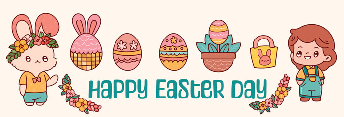 Easter children cute bunny spring and summer flowers illustration