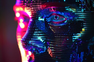 Colorful neon digital human profile with a technological motif.