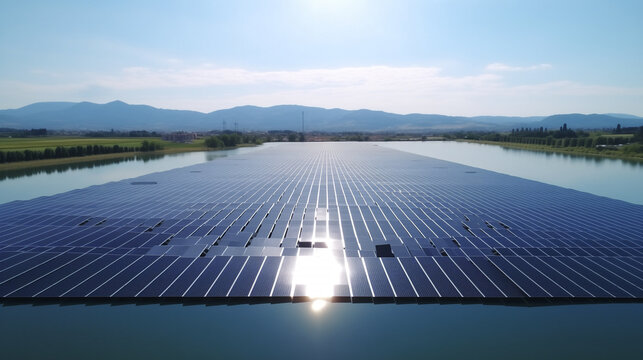 floating solar panels, floating solar park drone shot, eco friendly green tech, green energy