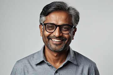 Adult happy Indian man wearing eyeglasses on a gray solid background with copy space.  - obrazy, fototapety, plakaty