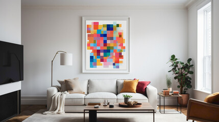 A modern living room featuring a blank white empty frame, displaying a colorful, geometric digital artwork that adds a touch of vibrancy to the space.