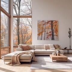 Modern living room interior with large windows and a view of the autumn forest