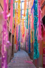 Naklejka premium colorful streamers hanging from strings in the street 