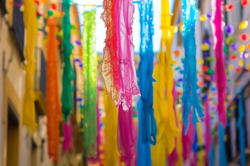 colorful streamers hanging from strings in the street
