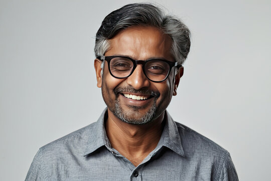 Adult happy Indian man wearing eyeglasses on a gray solid background with copy space. 