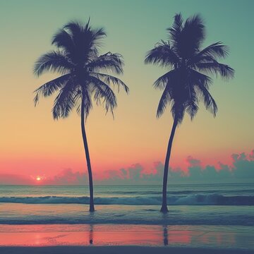 Two palm trees on a beach at sunset with a pink sky and blue water