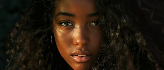 Portrait of a beautiful and elegant African woman in her 20s with styled long curly black hair. Extreme close up beauty portrait of beautiful young woman. Generative ai - obrazy, fototapety, plakaty