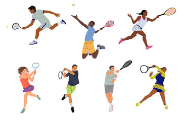 Set of different sports men and women big tennis players wearing tennis sportswear. Professional sportsmen holding racket, hitting ball. Vector illustrations isolated on transparent background.