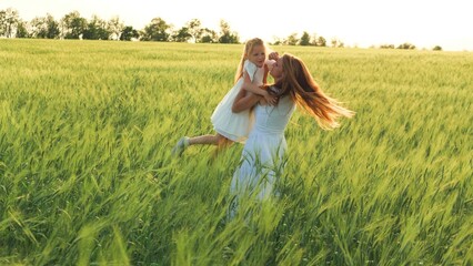 happy family, mother circling arms field wheat child daughter kid girl, woman farmer with child, mother little girl playing with child flight airplane pilot, dream little astronaut, agriculture wheat