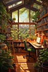 Fototapeta premium Cozy home office with large windows and lots of plants
