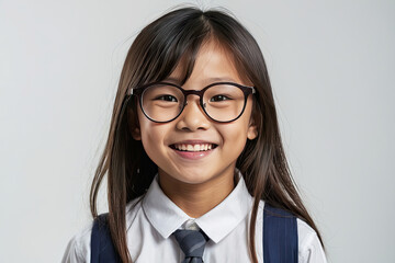 Obraz premium happy darkskinned schoolgirl teenager wearing eyeglasses on a gray solid background with copy space. 