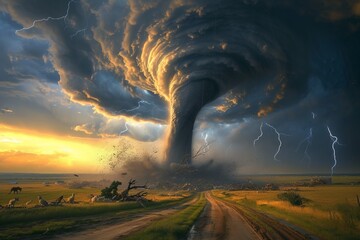 A large tornado sweeps across the Great Plains of the United States - obrazy, fototapety, plakaty