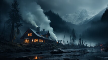 A lone cabin nestled in a snowy mountain forest, smoke rising from the chimney, peaceful and isolate