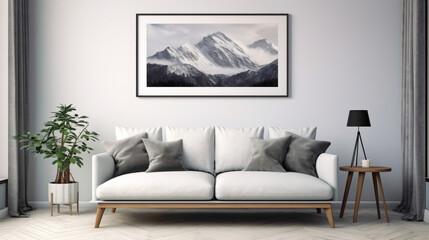 A modern living room with a blank white empty frame, showcasing a serene, black and white photograph of a mist-covered mountain range.
