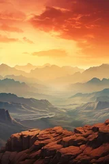 Poster Fantasy landscape with red sky and mountains © Molostock