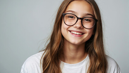 happy schoolgirl teenager wearing eyeglasses on a gray solid background with copy space. 