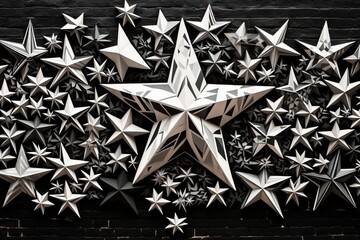 Black and white geometric stars of various sizes on a brick wall