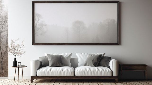 A modern living room with a blank white empty frame, showcasing a serene, black and white photograph of a misty forest that evokes a sense of tranquility.