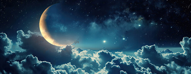 romantic moon in starry night over clouds