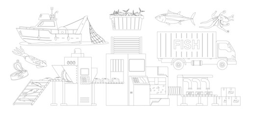 Fish Production Isolated Outline Monochrome Vector Icons Set. Fishing Boat, Conveyor Belt, Truck And Seafood Production