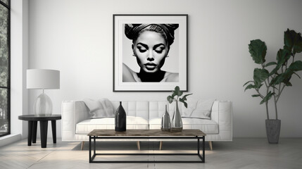 A modern living room with a blank white empty frame, showcasing a captivating, black and white...