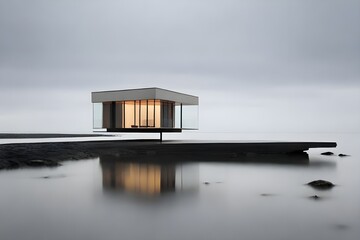 Minimalism: Ethereal White House Floating On The Ocean With Light