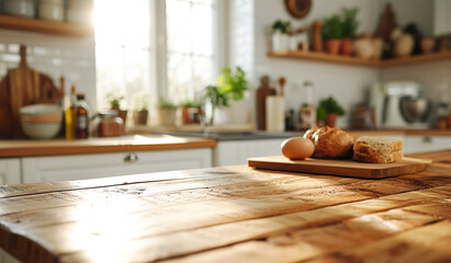 Cozy kitchen room with wood counter top island and bread or food ingredient,kitchenware in rustic style.interior design background.