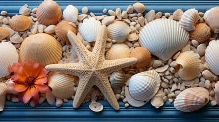 A creative composition of various seashells and starfish, set amidst a scattering of fine beach sand