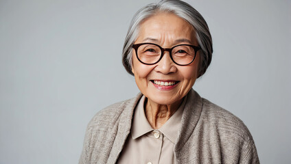 An elderly Asian happy woman wearing eyeglasses on a gray solid background with copy space. AI generated