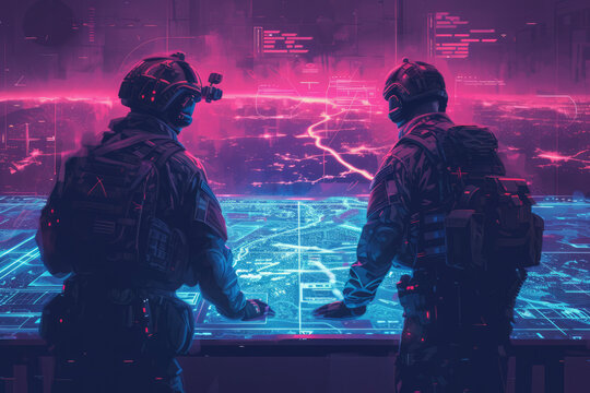 Futuristic High-Tech Warfare: Military Intelligence Specialists use Augmented Reality Table Map to Scan Enemy Base