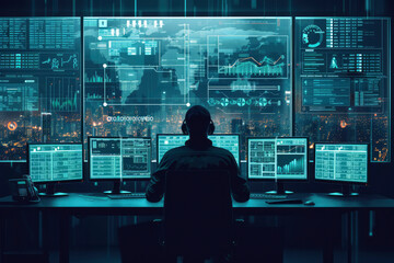Military Surveillance Officer Working on a City Tracking Operation in a Central Office Hub for Cyber Control - obrazy, fototapety, plakaty