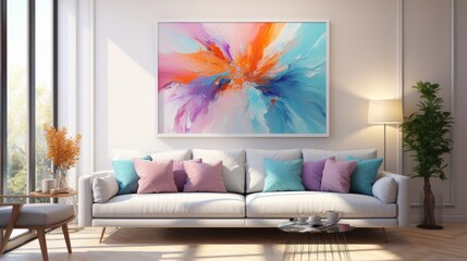 A modern abstract canvas painting, with bold strokes and vibrant hues, encased in a sleek frame, set