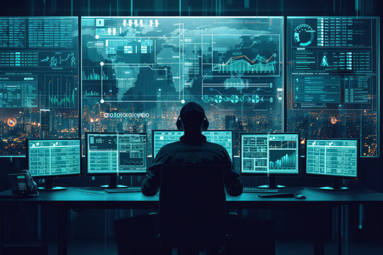 Military Surveillance Officer Working on a City Tracking Operation in a Central Office Hub for Cyber Control