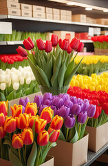 Colorful bouquets of tulips in a flower shop - fresh cut flowers in boxes and vases in a warehouse and racks for sale, delivery for the holiday. Spring, March 8, women's Day, birthday