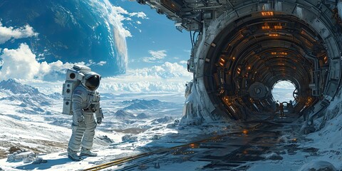 futuristic space station, astronauts wearing high-tech suits and a view of Earth