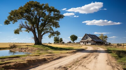 Fototapeta na wymiar A rustic dirt road leading to a quaint farmhouse, surrounded by fields of golden wheat swaying in th