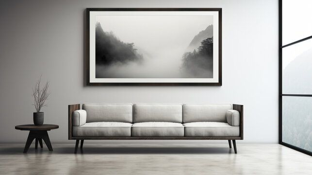 A modern living room with a blank white empty frame, showcasing a serene, black and white photograph of a mist-covered mountain range.