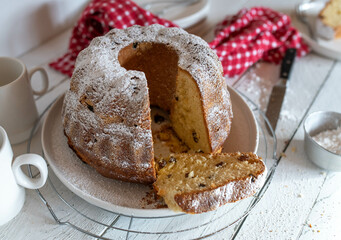 Yeast Gugelhupf or bundt cake  with raisins. Traditional german sponge cake