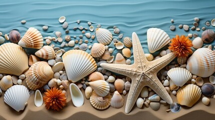 Fototapeta na wymiar A creative composition of various seashells and starfish, set amidst a scattering of fine beach sand