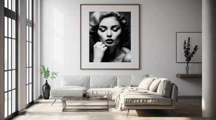 A modern living room with a blank white empty frame, showcasing a captivating, black and white portrait photograph that captures raw emotions.