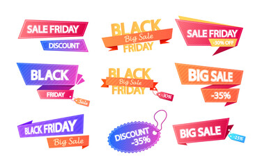 Black Friday Discount Banners Or Tags. Vector Set Of Promotional Labels, Featuring Vibrant Colors And Bold Text